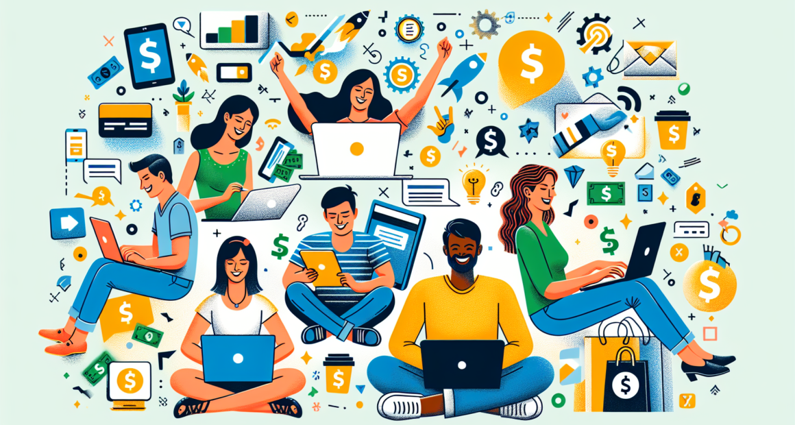 Create an illustration featuring a diverse group of people happily participating in online surveys on their laptops and tablets. Surround them with imagery of dollar signs, gift cards, and various tec