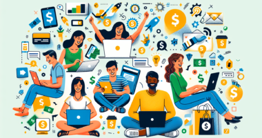Create an illustration featuring a diverse group of people happily participating in online surveys on their laptops and tablets. Surround them with imagery of dollar signs, gift cards, and various tec
