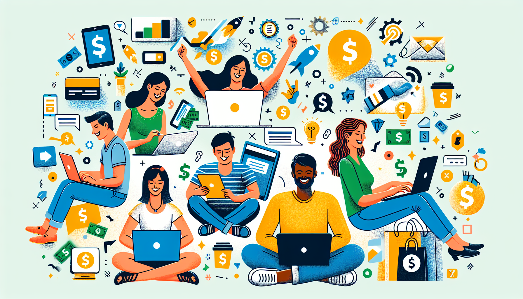 Create an illustration featuring a diverse group of people happily participating in online surveys on their laptops and tablets. Surround them with imagery of dollar signs, gift cards, and various tec