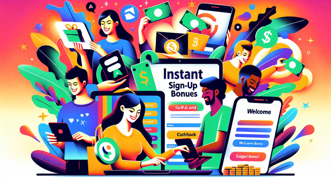 Create an illustration showing a diverse group of happy people receiving various types of instant sign-up bonuses. The scene should include different elements like online sign-up forms, digital gift c