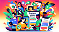 Create an illustration showing a diverse group of happy people receiving various types of instant sign-up bonuses. The scene should include different elements like online sign-up forms, digital gift c