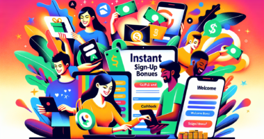 Create an illustration showing a diverse group of happy people receiving various types of instant sign-up bonuses. The scene should include different elements like online sign-up forms, digital gift c