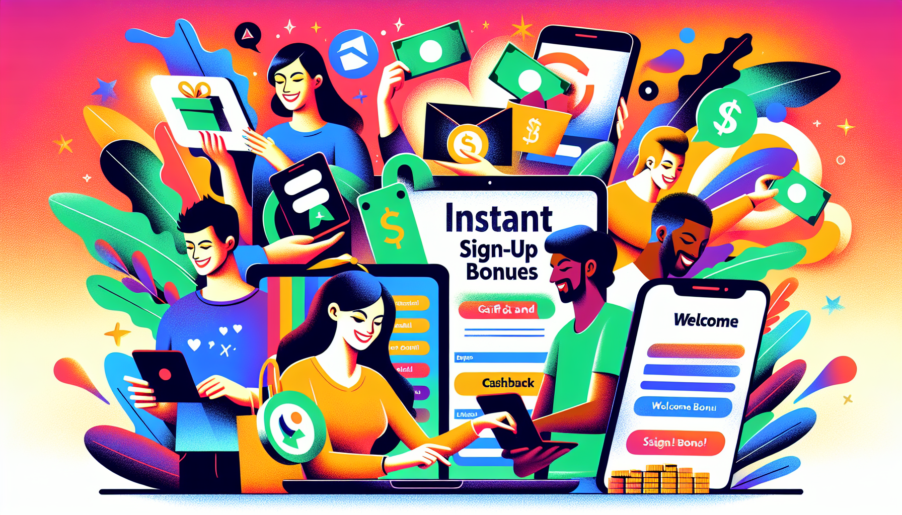 Create an illustration showing a diverse group of happy people receiving various types of instant sign-up bonuses. The scene should include different elements like online sign-up forms, digital gift c