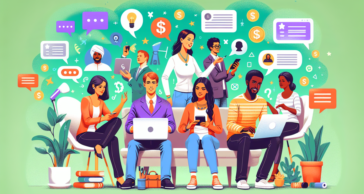 Create an illustration that features a diverse group of people in a vibrant, interactive setting, each engaging with various devices like laptops, smartphones, and tablets. Display different methods o