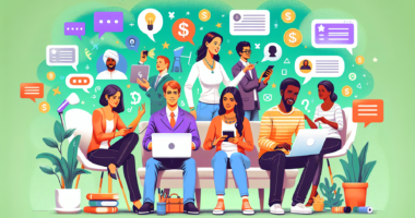 Create an illustration that features a diverse group of people in a vibrant, interactive setting, each engaging with various devices like laptops, smartphones, and tablets. Display different methods o