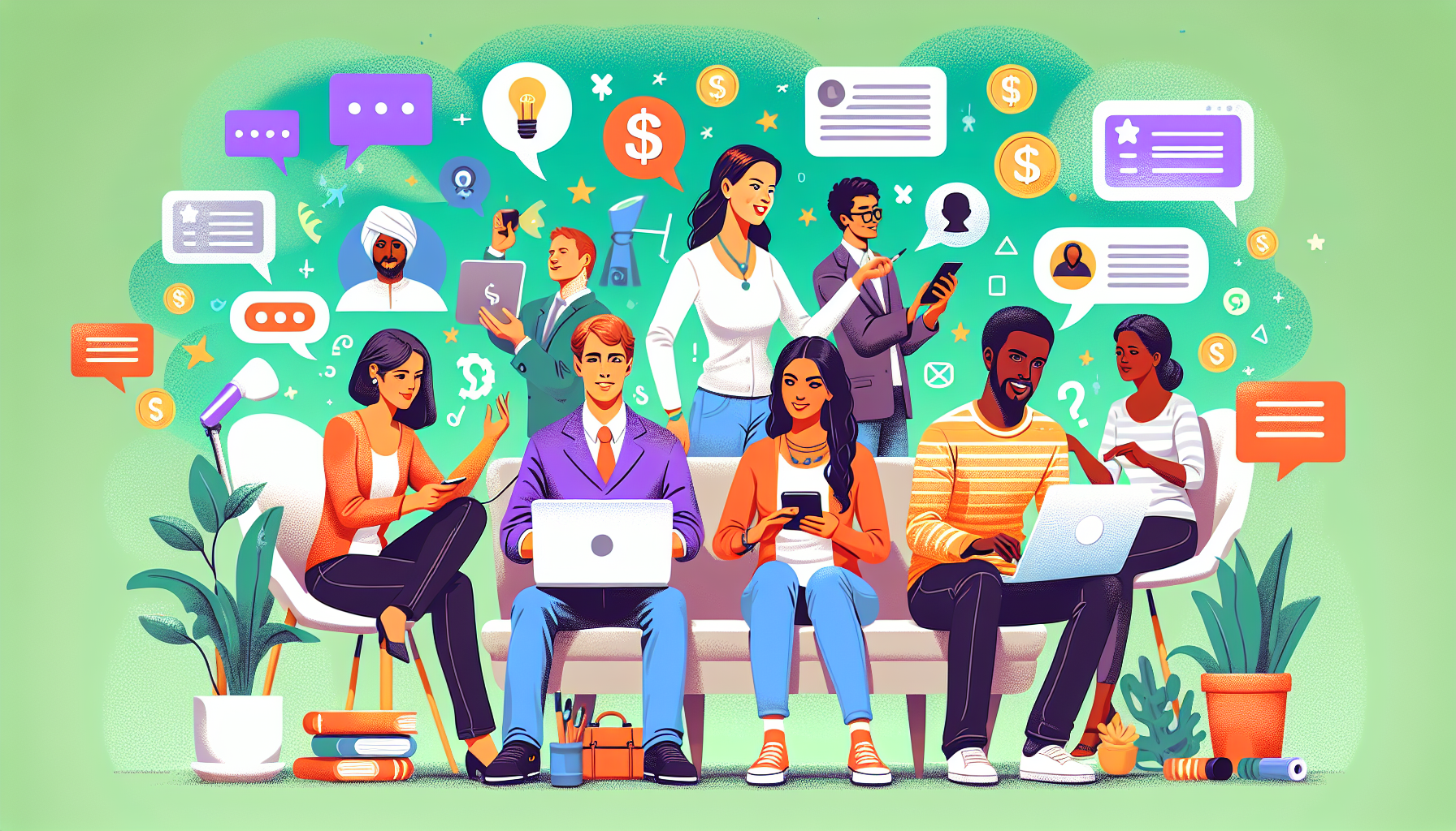 Create an illustration that features a diverse group of people in a vibrant, interactive setting, each engaging with various devices like laptops, smartphones, and tablets. Display different methods o