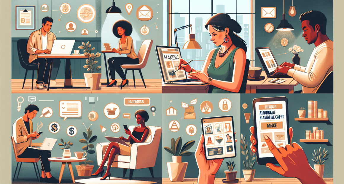 Create an image of a diverse group of people using different devices (laptops, smartphones, tablets) in various cozy and casual settings, such as home offices, cafes, and living rooms. Each person is