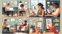 Create an image of a diverse group of people using different devices (laptops, smartphones, tablets) in various cozy and casual settings, such as home offices, cafes, and living rooms. Each person is