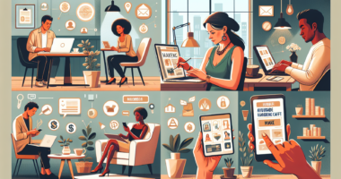 Create an image of a diverse group of people using different devices (laptops, smartphones, tablets) in various cozy and casual settings, such as home offices, cafes, and living rooms. Each person is