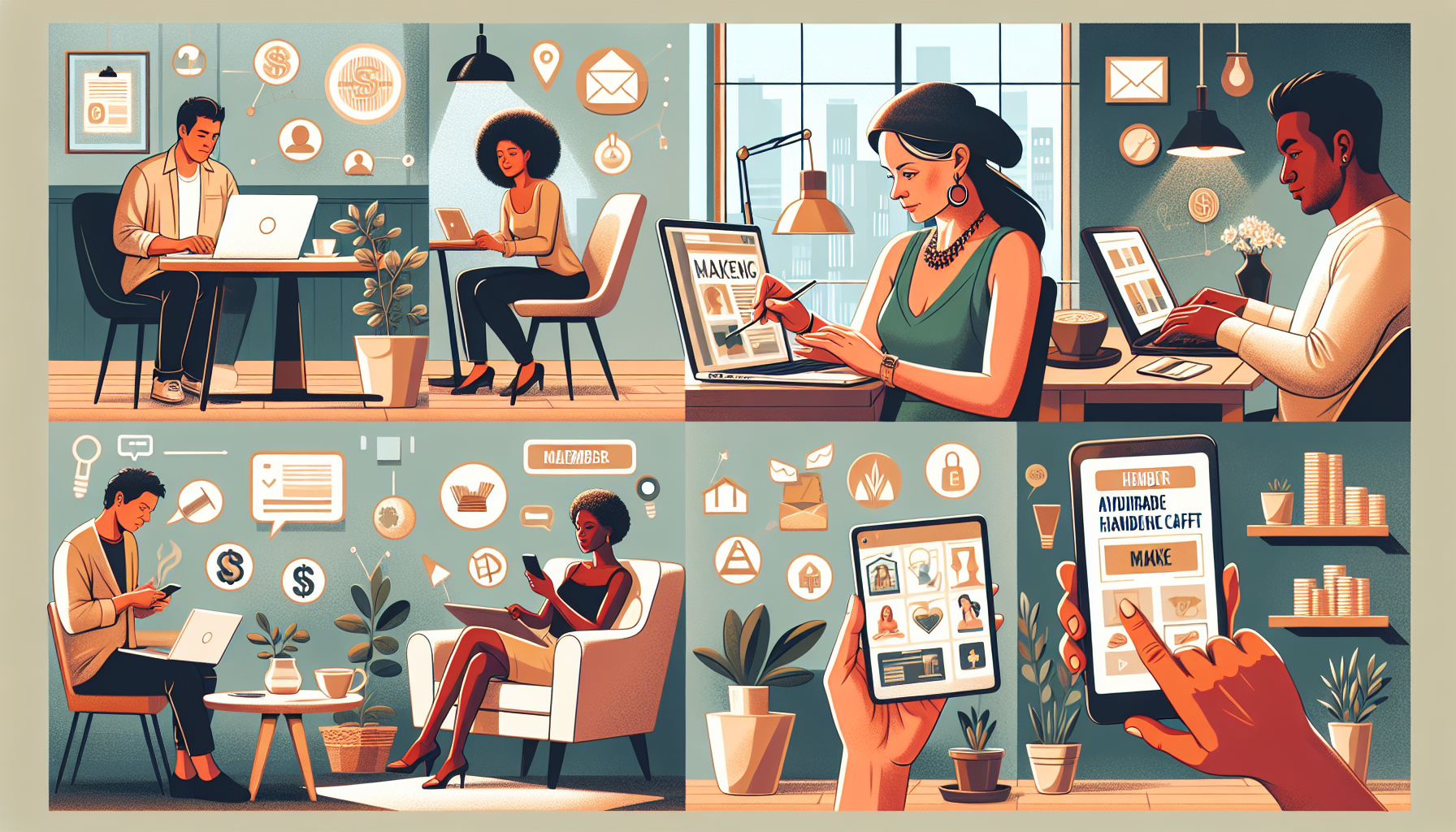 Create an image of a diverse group of people using different devices (laptops, smartphones, tablets) in various cozy and casual settings, such as home offices, cafes, and living rooms. Each person is