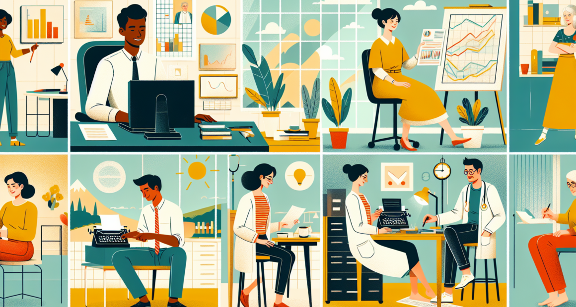 Create an illustration that features a diverse group of professionals in various high-paying, low-stress jobs. The scene should include a serene, modern office with workers collaborating happily, a tr