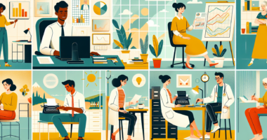 Create an illustration that features a diverse group of professionals in various high-paying, low-stress jobs. The scene should include a serene, modern office with workers collaborating happily, a tr