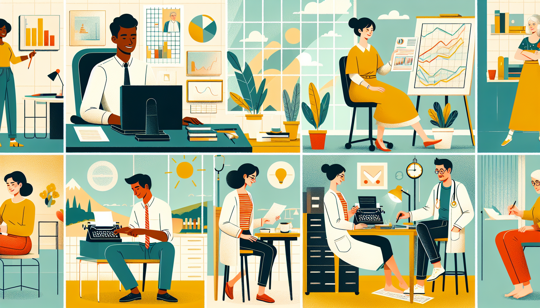 Create an illustration that features a diverse group of professionals in various high-paying, low-stress jobs. The scene should include a serene, modern office with workers collaborating happily, a tr