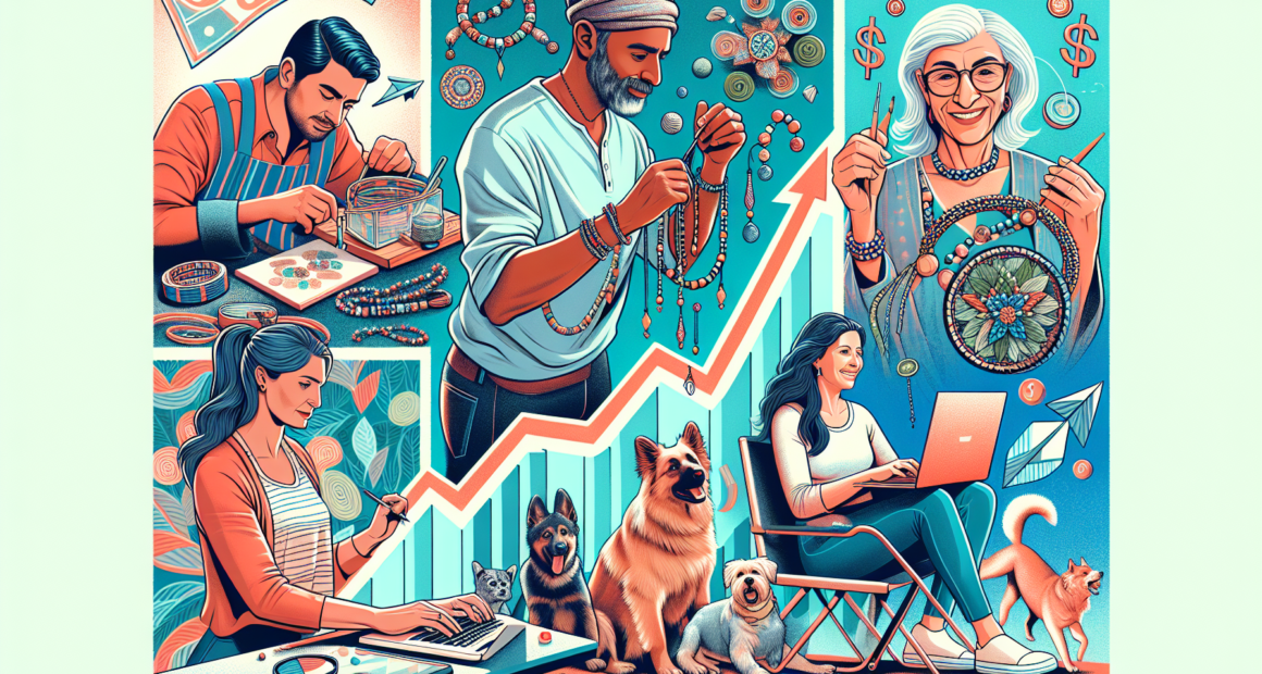 An energetic collage featuring diverse side hustles including a person crafting handmade jewelry, someone tutoring online, another individual driving a rideshare car, someone managing an online store, a freelance writer at a laptop, and a person dog walking. The background should include elements representing income growth, like graphs and dollar signs, to symbolize boosting earnings.
