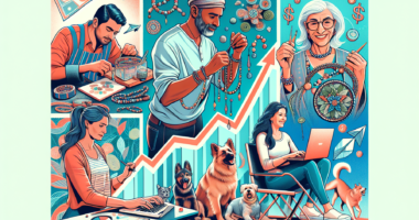 An energetic collage featuring diverse side hustles including a person crafting handmade jewelry, someone tutoring online, another individual driving a rideshare car, someone managing an online store, a freelance writer at a laptop, and a person dog walking. The background should include elements representing income growth, like graphs and dollar signs, to symbolize boosting earnings.