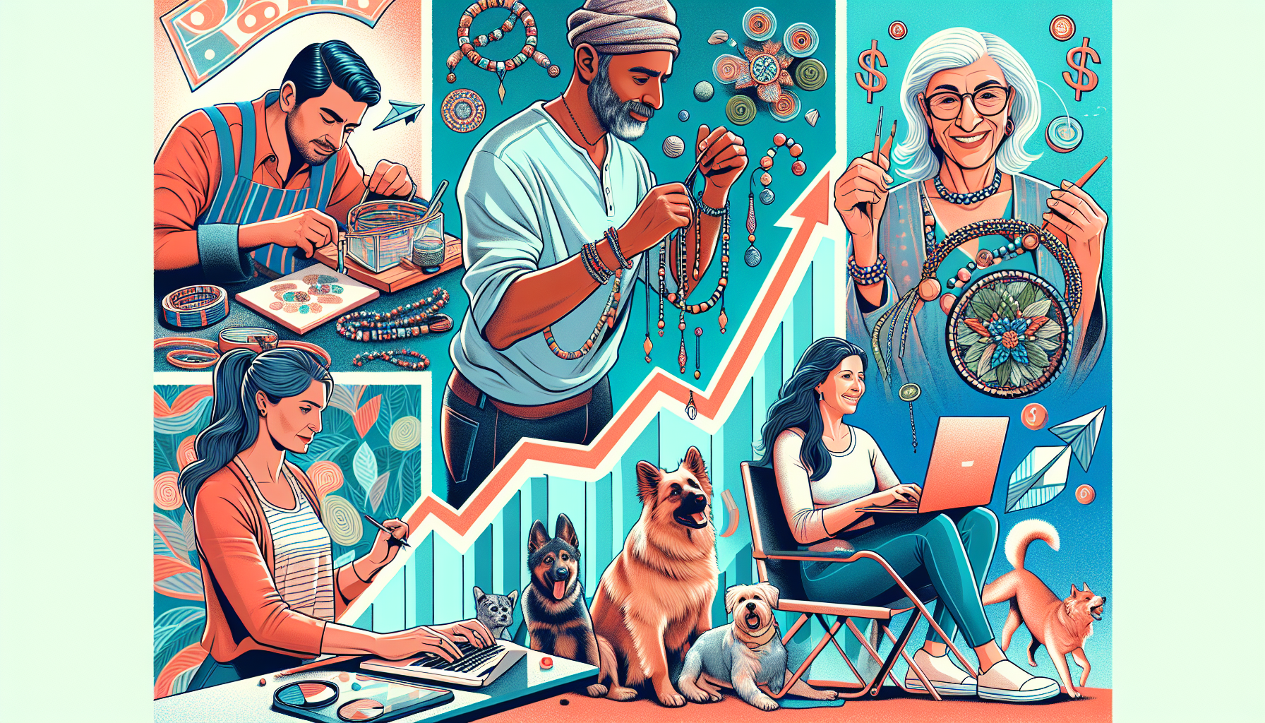 An energetic collage featuring diverse side hustles including a person crafting handmade jewelry, someone tutoring online, another individual driving a rideshare car, someone managing an online store, a freelance writer at a laptop, and a person dog walking. The background should include elements representing income growth, like graphs and dollar signs, to symbolize boosting earnings.