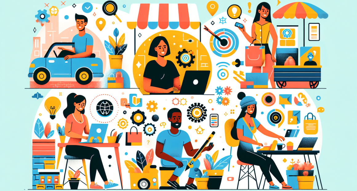 Create an image that depicts a diverse group of individuals engaged in various side hustles. Show someone working from home on a laptop, another person driving for a rideshare service, an individual setting up an online shop, and someone else selling handmade crafts at a local market. Include modern, cheerful settings with icons of digital platforms and tools scattered around to emphasize the ease and accessibility of these side hustles.