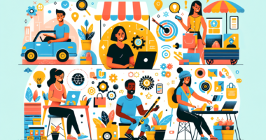 Create an image that depicts a diverse group of individuals engaged in various side hustles. Show someone working from home on a laptop, another person driving for a rideshare service, an individual setting up an online shop, and someone else selling handmade crafts at a local market. Include modern, cheerful settings with icons of digital platforms and tools scattered around to emphasize the ease and accessibility of these side hustles.