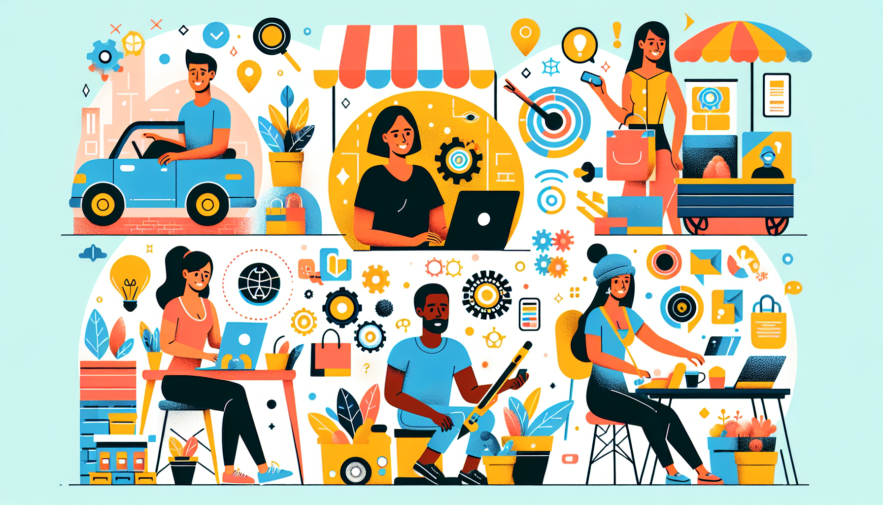 Create an image that depicts a diverse group of individuals engaged in various side hustles. Show someone working from home on a laptop, another person driving for a rideshare service, an individual setting up an online shop, and someone else selling handmade crafts at a local market. Include modern, cheerful settings with icons of digital platforms and tools scattered around to emphasize the ease and accessibility of these side hustles.