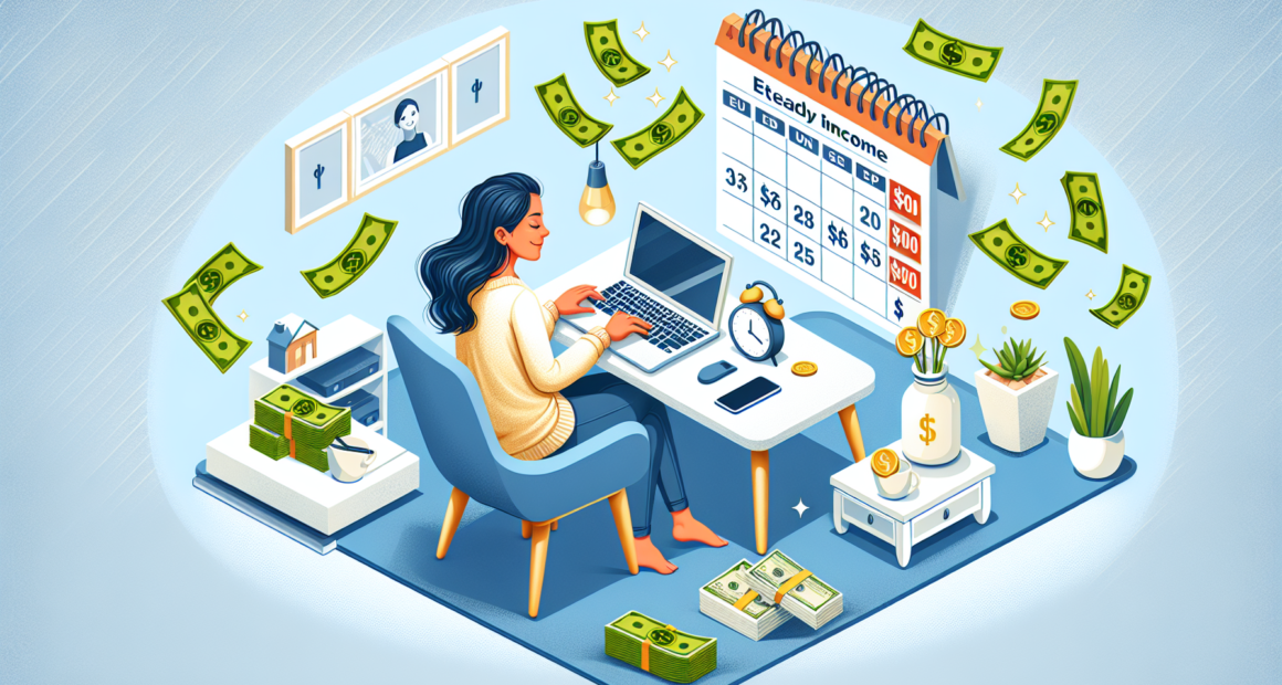 Create a detailed image that captures the concept of Earning $50 Daily. Show a person working from home on a laptop with money symbols and dollar bills around them, suggesting financial gain. Include