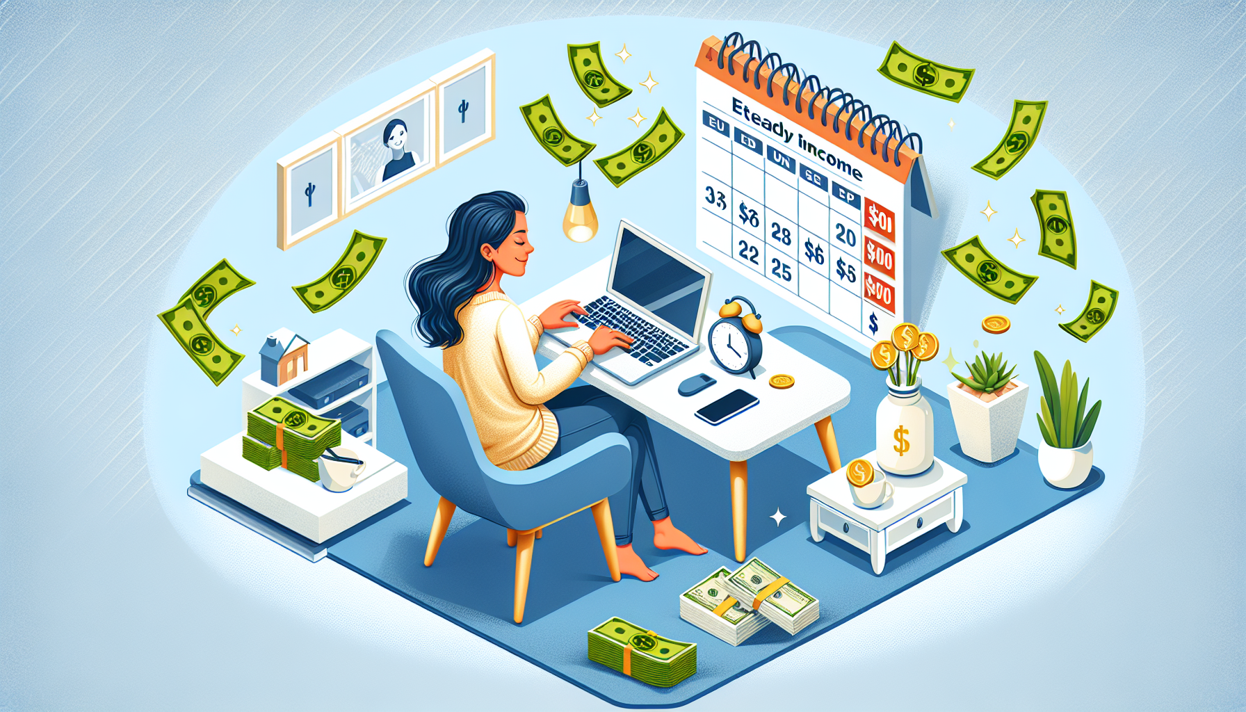 Create a detailed image that captures the concept of Earning $50 Daily. Show a person working from home on a laptop with money symbols and dollar bills around them, suggesting financial gain. Include