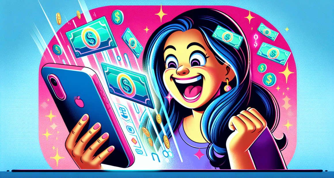 Create a digital illustration that represents a person receiving money for free through a mobile app like Cash App. Show a happy individual looking at their smartphone with digital notifications or ic