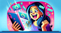 Create a digital illustration that represents a person receiving money for free through a mobile app like Cash App. Show a happy individual looking at their smartphone with digital notifications or ic