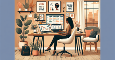 A cozy home office with a stylish desk and modern laptop, where a professionally dressed individual is multitasking with multiple screens open, showing tasks like scheduling, email management, and soc
