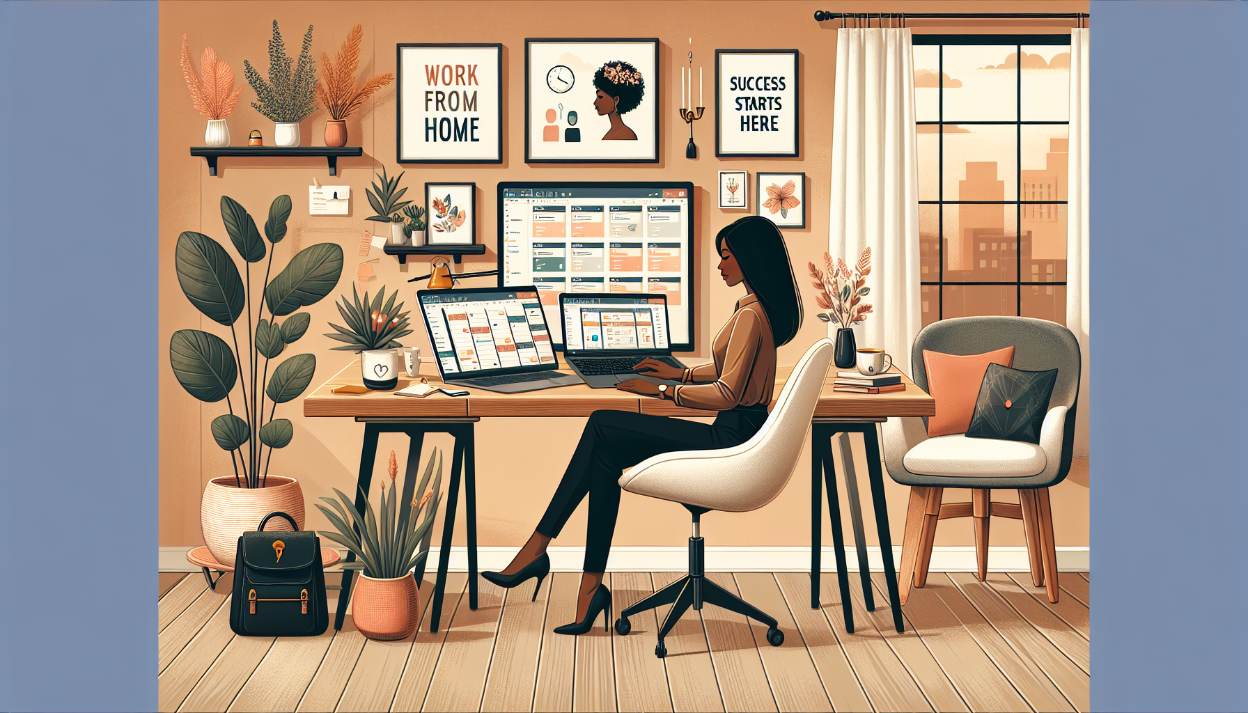 A cozy home office with a stylish desk and modern laptop, where a professionally dressed individual is multitasking with multiple screens open, showing tasks like scheduling, email management, and soc