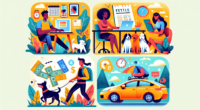 Create a vibrant, eye-catching illustration showing diverse individuals engaging in various side hustles such as freelance writing, dog walking, ride-sharing, and online tutoring. Each character shoul