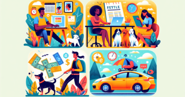 Create a vibrant, eye-catching illustration showing diverse individuals engaging in various side hustles such as freelance writing, dog walking, ride-sharing, and online tutoring. Each character shoul