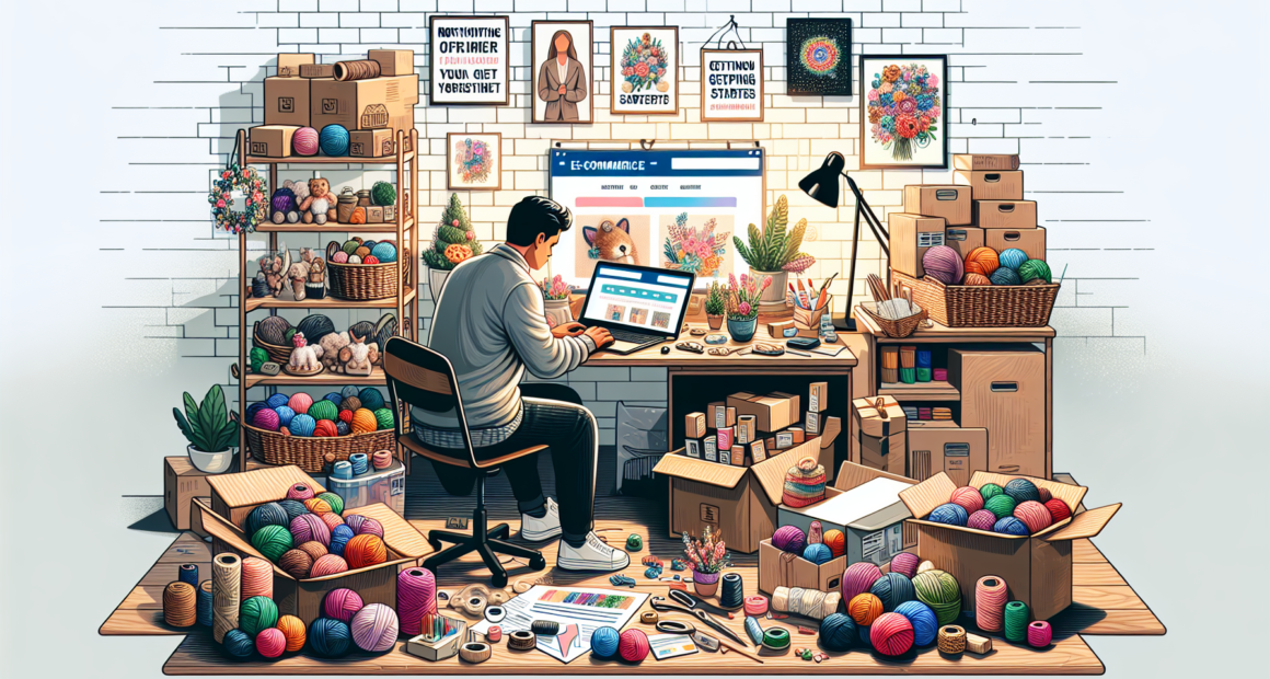 Create a vibrant and detailed illustration of a person setting up their own small shop on Etsy. The scene should include a cozy home studio filled with handmade crafts, such as jewelry, knitted items,