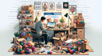 Create a vibrant and detailed illustration of a person setting up their own small shop on Etsy. The scene should include a cozy home studio filled with handmade crafts, such as jewelry, knitted items,
