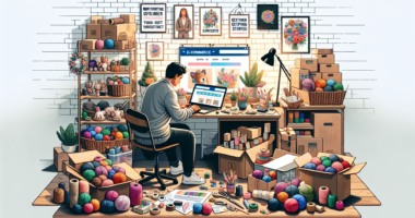 Create a vibrant and detailed illustration of a person setting up their own small shop on Etsy. The scene should include a cozy home studio filled with handmade crafts, such as jewelry, knitted items,