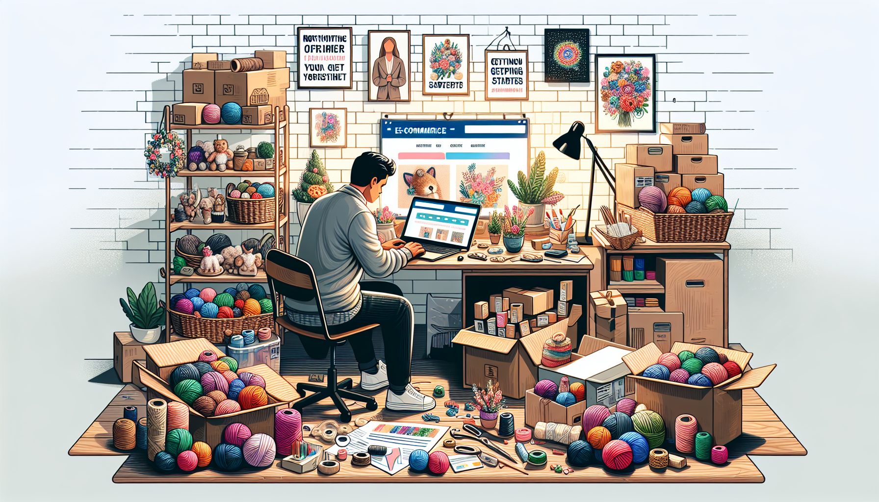 Create a vibrant and detailed illustration of a person setting up their own small shop on Etsy. The scene should include a cozy home studio filled with handmade crafts, such as jewelry, knitted items,