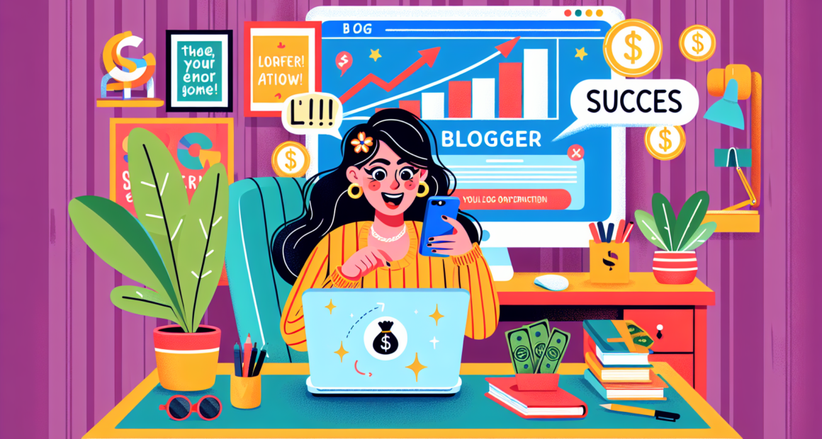 Create an illustration showing a blogger in a cozy home office setting earning money from their blog. The image should feature a laptop with a blog interface on the screen, surrounded by charts, graph