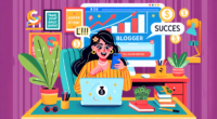 Create an illustration showing a blogger in a cozy home office setting earning money from their blog. The image should feature a laptop with a blog interface on the screen, surrounded by charts, graph