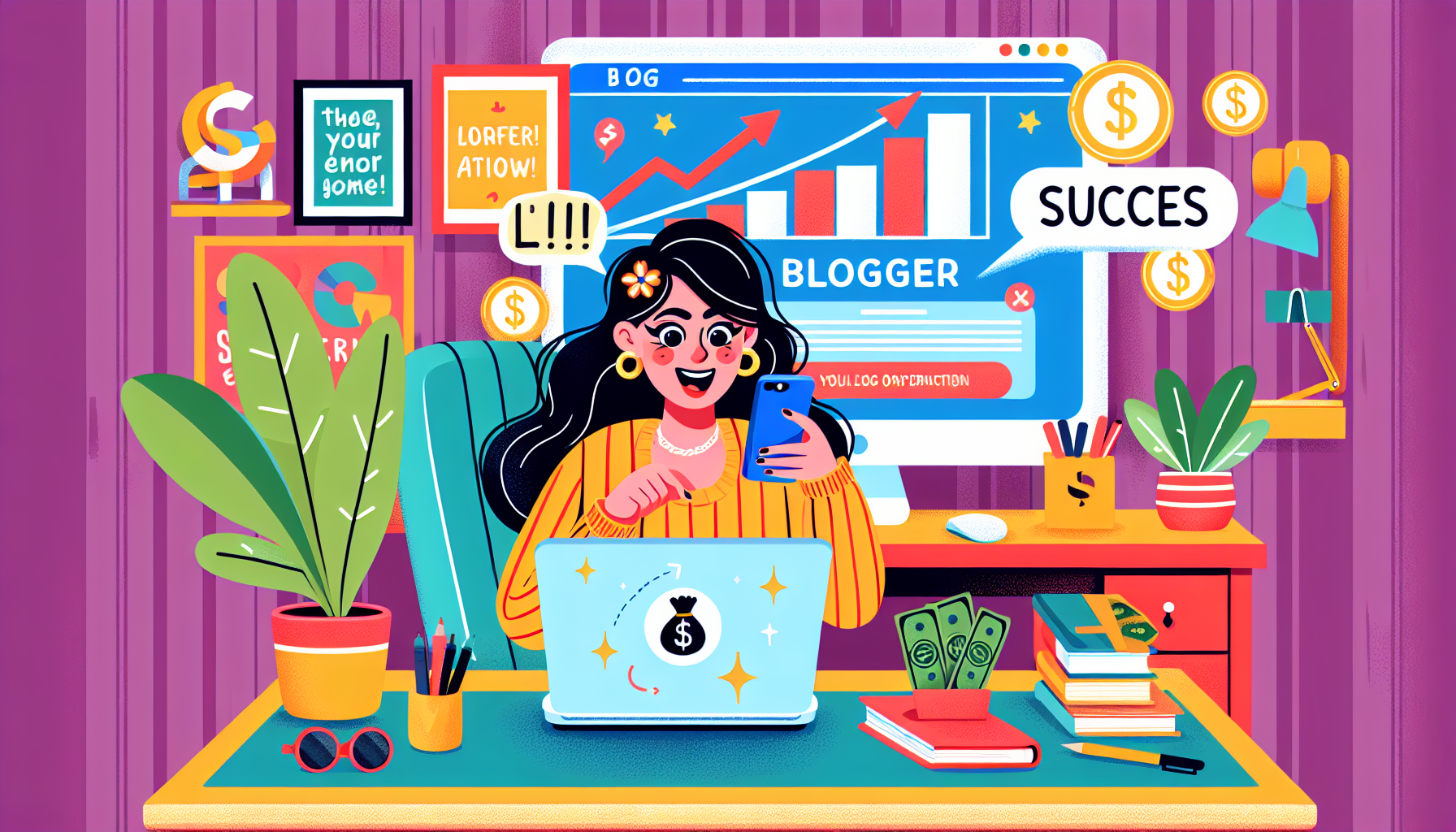 Create an illustration showing a blogger in a cozy home office setting earning money from their blog. The image should feature a laptop with a blog interface on the screen, surrounded by charts, graph