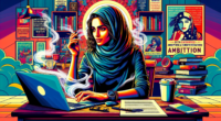 Create an image of a confident and focused person sitting at a cozy home office desk, typing on a laptop with a steaming cup of coffee nearby. The background includes a bookshelf filled with writing g