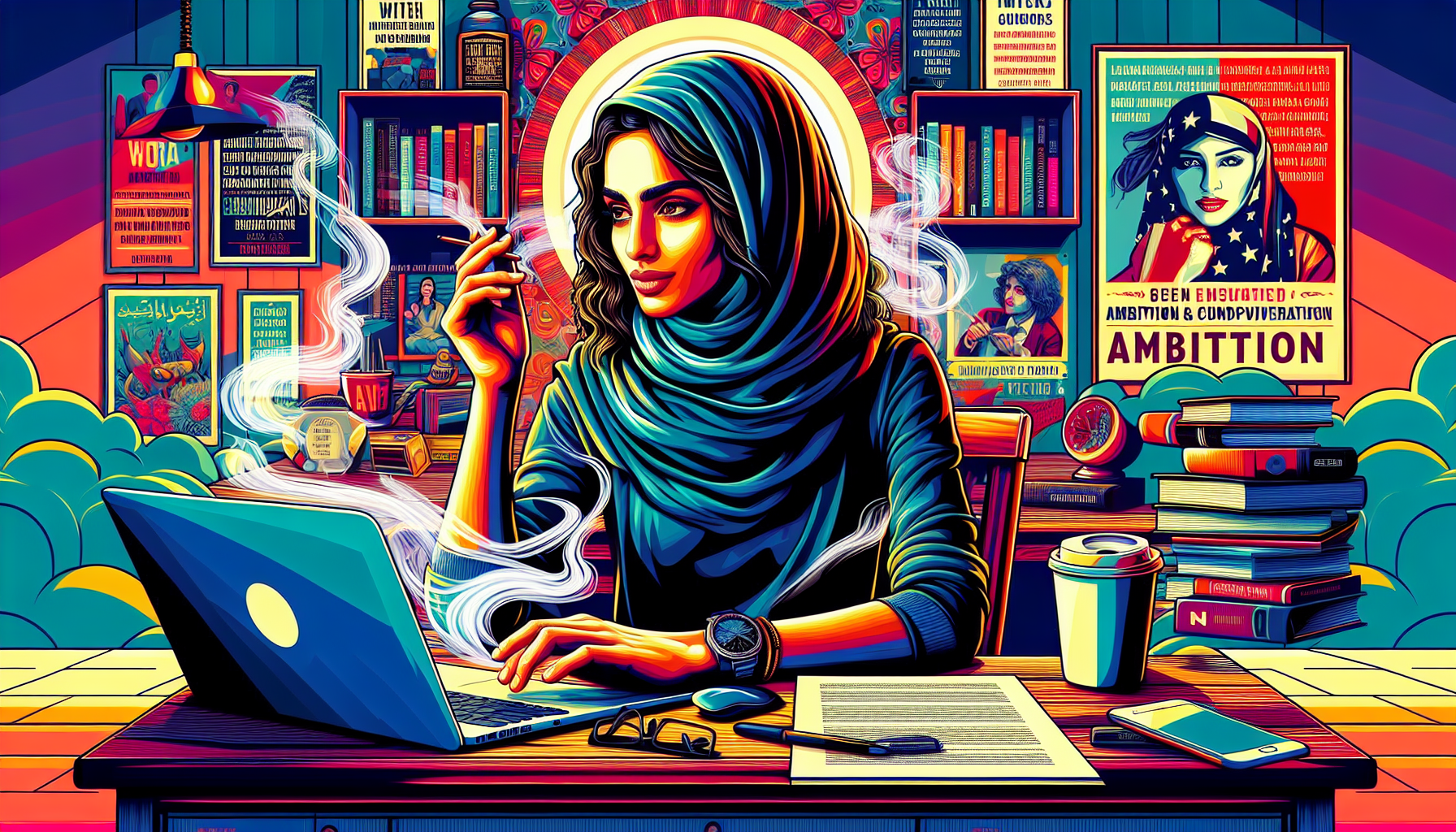 Create an image of a confident and focused person sitting at a cozy home office desk, typing on a laptop with a steaming cup of coffee nearby. The background includes a bookshelf filled with writing g