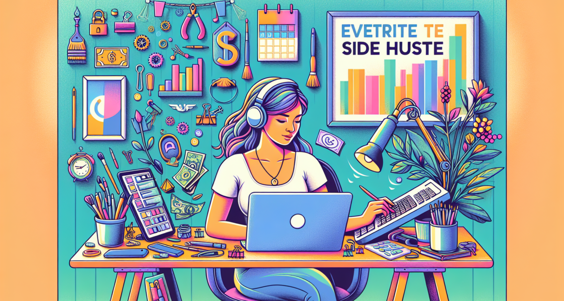 Illustration of a person working on a laptop at a cozy home desk with various tools and gadgets around them, symbolizing different types of side hustles like freelancing, online tutoring, and crafting. The scene includes a calendar on the wall, money symbols, and motivational quotes to convey the potential and motivation behind maximizing earnings with a side hustle.