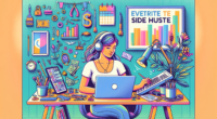 Illustration of a person working on a laptop at a cozy home desk with various tools and gadgets around them, symbolizing different types of side hustles like freelancing, online tutoring, and crafting. The scene includes a calendar on the wall, money symbols, and motivational quotes to convey the potential and motivation behind maximizing earnings with a side hustle.