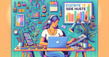 Illustration of a person working on a laptop at a cozy home desk with various tools and gadgets around them, symbolizing different types of side hustles like freelancing, online tutoring, and crafting. The scene includes a calendar on the wall, money symbols, and motivational quotes to convey the potential and motivation behind maximizing earnings with a side hustle.