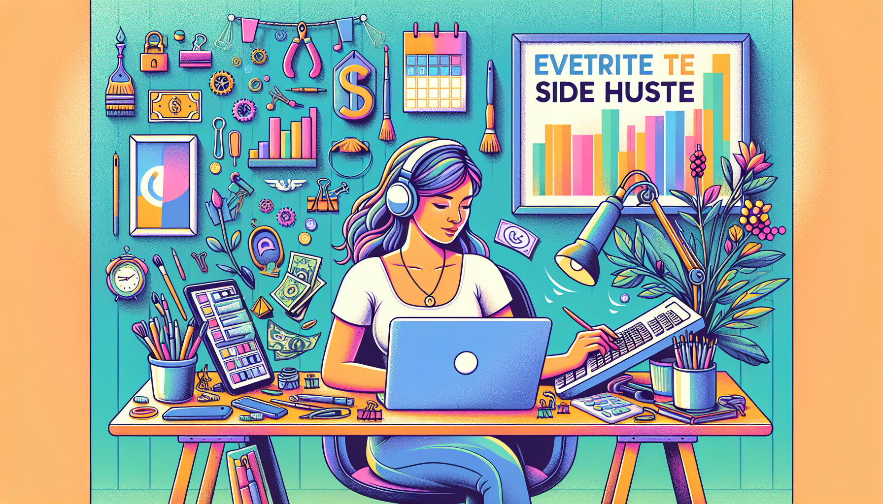 Illustration of a person working on a laptop at a cozy home desk with various tools and gadgets around them, symbolizing different types of side hustles like freelancing, online tutoring, and crafting. The scene includes a calendar on the wall, money symbols, and motivational quotes to convey the potential and motivation behind maximizing earnings with a side hustle.