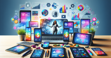 Create an image showcasing a variety of digital devices like laptops, smartphones, and tablets on a sleek workspace, with various affiliate marketing elements such as analytics graphs, dollar signs, a