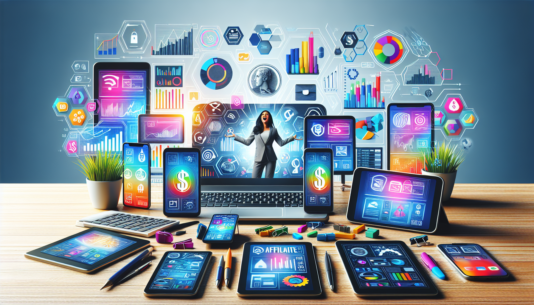 Create an image showcasing a variety of digital devices like laptops, smartphones, and tablets on a sleek workspace, with various affiliate marketing elements such as analytics graphs, dollar signs, a