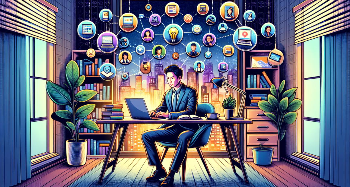 A vibrant, detailed illustration of a person sitting at a cozy, modern desk at home, working on a laptop. Surrounding them are various icons and symbols representing different online side hustles such as freelance writing, graphic design, online tutoring, e-commerce, blogging, and virtual assistance. The background features elements like a bookshelf with motivational books and a window with a cityscape view, conveying a productive and inspiring remote work environment.