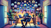 A vibrant, detailed illustration of a person sitting at a cozy, modern desk at home, working on a laptop. Surrounding them are various icons and symbols representing different online side hustles such as freelance writing, graphic design, online tutoring, e-commerce, blogging, and virtual assistance. The background features elements like a bookshelf with motivational books and a window with a cityscape view, conveying a productive and inspiring remote work environment.