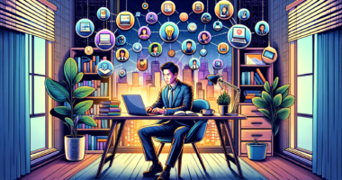 A vibrant, detailed illustration of a person sitting at a cozy, modern desk at home, working on a laptop. Surrounding them are various icons and symbols representing different online side hustles such as freelance writing, graphic design, online tutoring, e-commerce, blogging, and virtual assistance. The background features elements like a bookshelf with motivational books and a window with a cityscape view, conveying a productive and inspiring remote work environment.