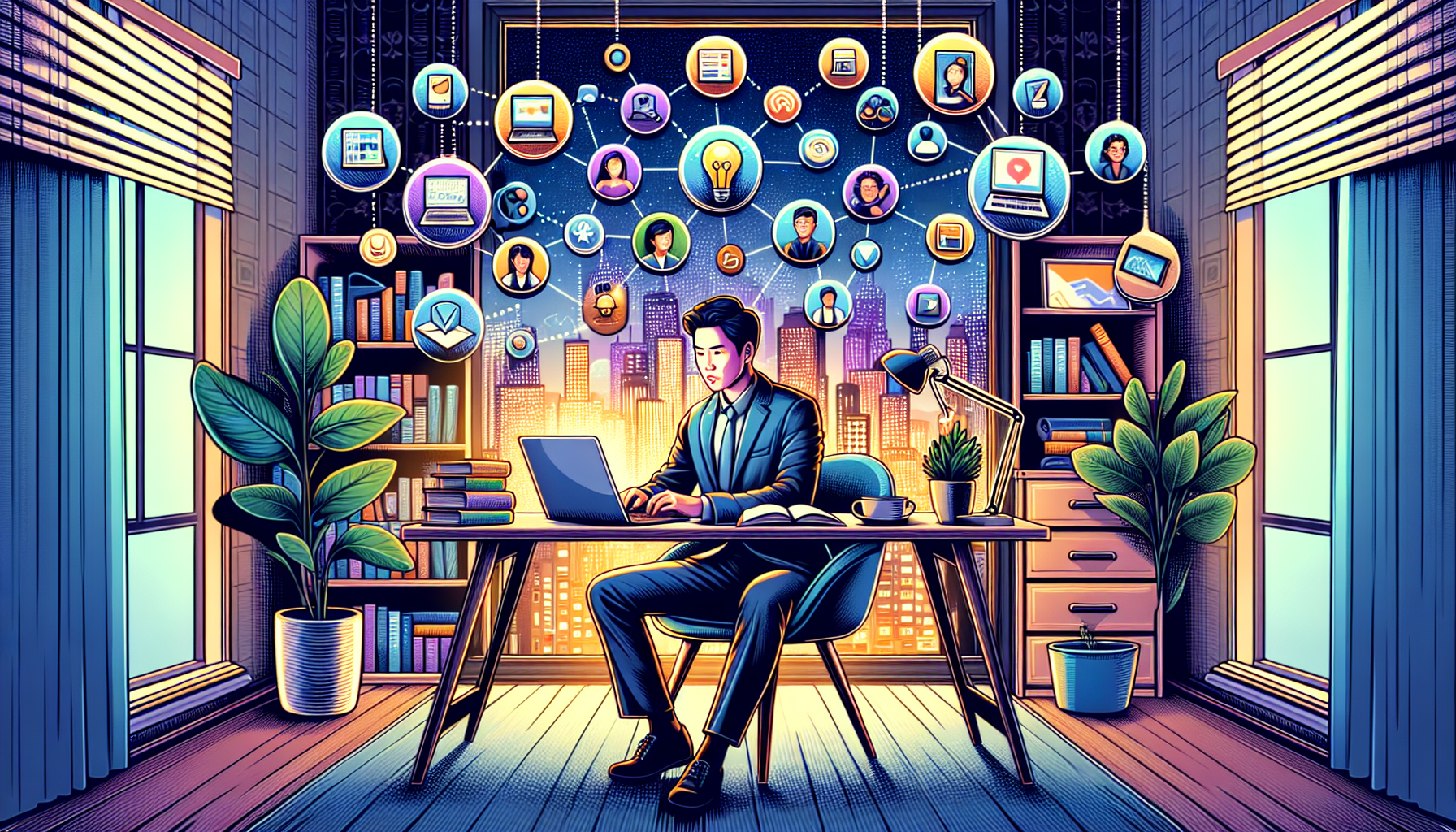 A vibrant, detailed illustration of a person sitting at a cozy, modern desk at home, working on a laptop. Surrounding them are various icons and symbols representing different online side hustles such as freelance writing, graphic design, online tutoring, e-commerce, blogging, and virtual assistance. The background features elements like a bookshelf with motivational books and a window with a cityscape view, conveying a productive and inspiring remote work environment.